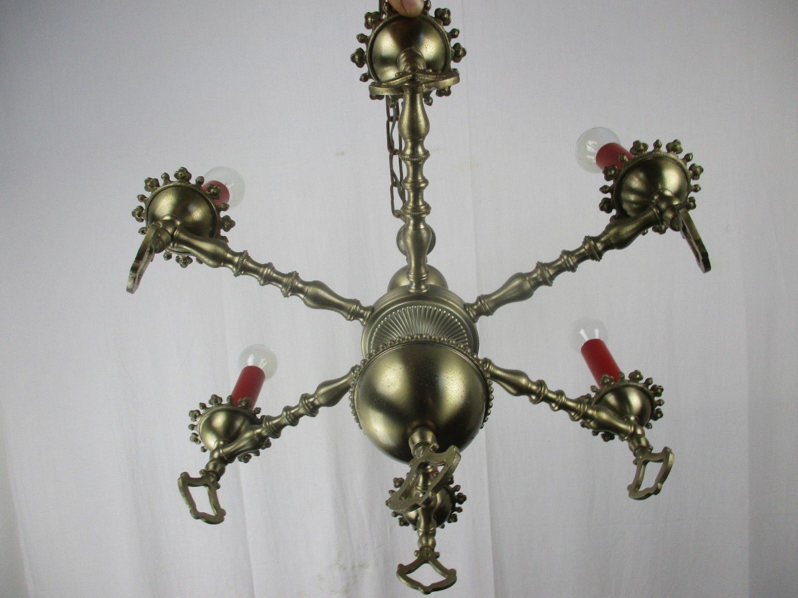 photo for sale Chandelier 6 Lights Arms Ceiling Light Lamp Metal Tin Look Hobnails Very Rare