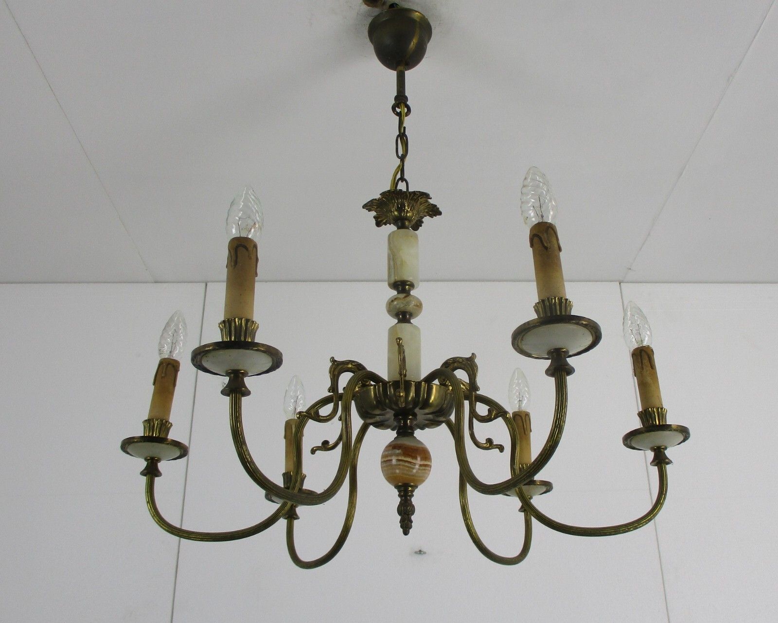 Chandelier 6 Arms Lights Hollywood Regency Brass Marble Parts Brass photo 427.0