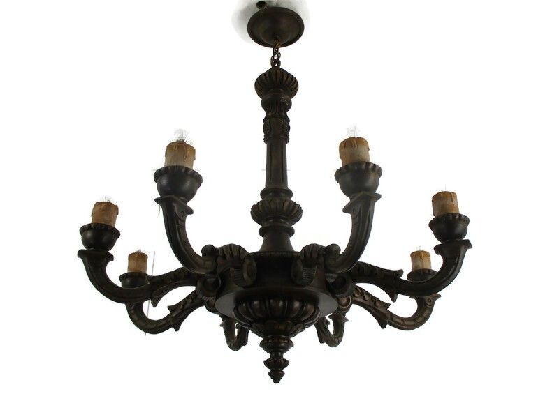 Hand Carved Wooden Chandelier Ornate 8 Arm Lights Mid Century Modern Gorgeous