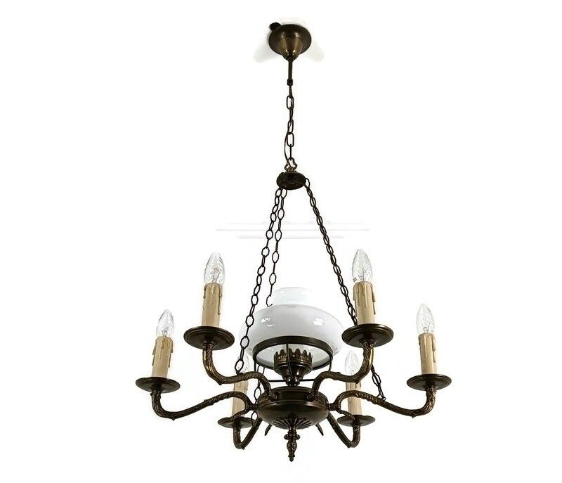 Ornate Brass Chandelier With White Glass Shade Lampe Belge Vintage Empire Style