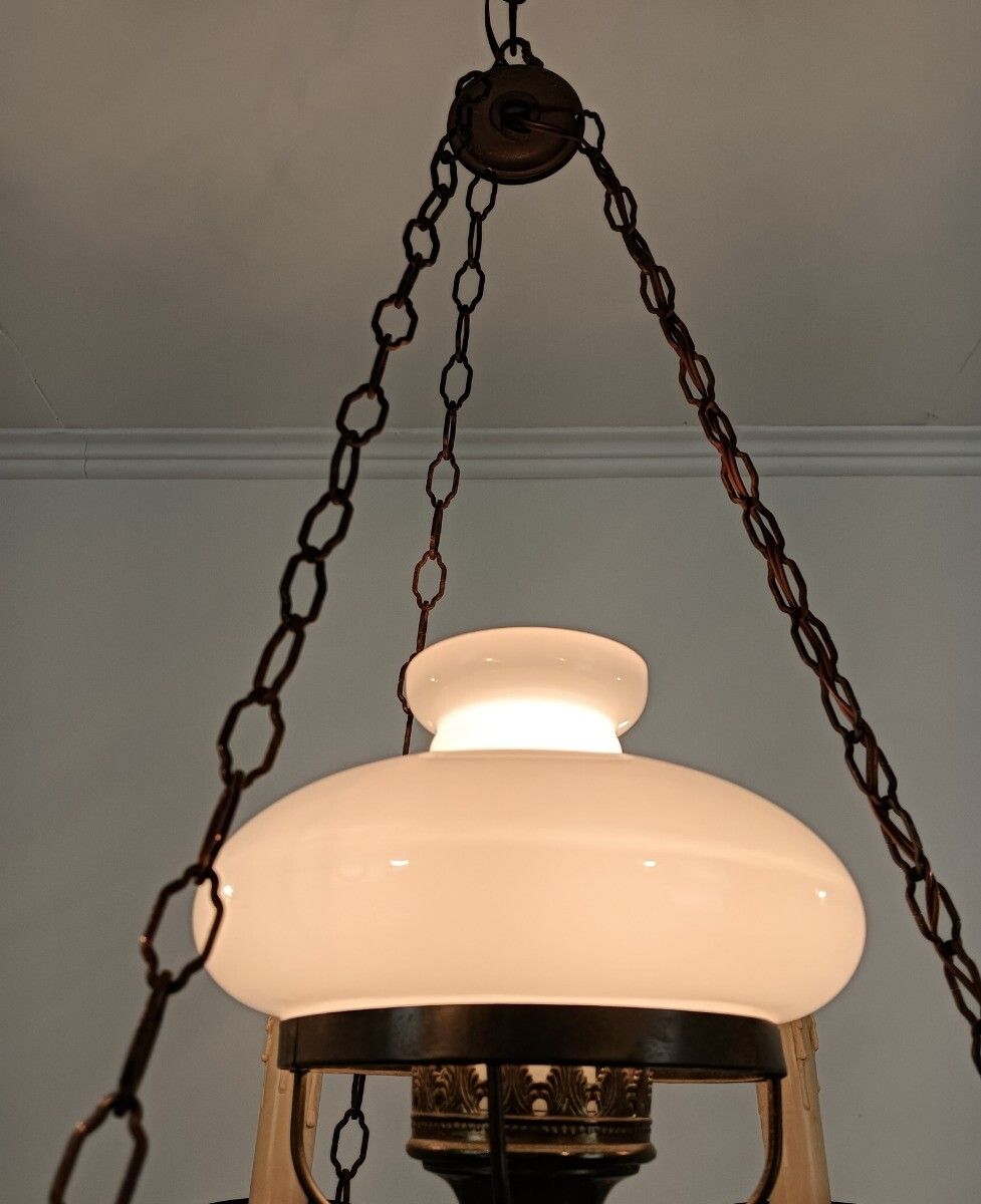 photo furniture Ornate Brass Chandelier With White Glass Shade Lampe Belge Vintage Empire Style