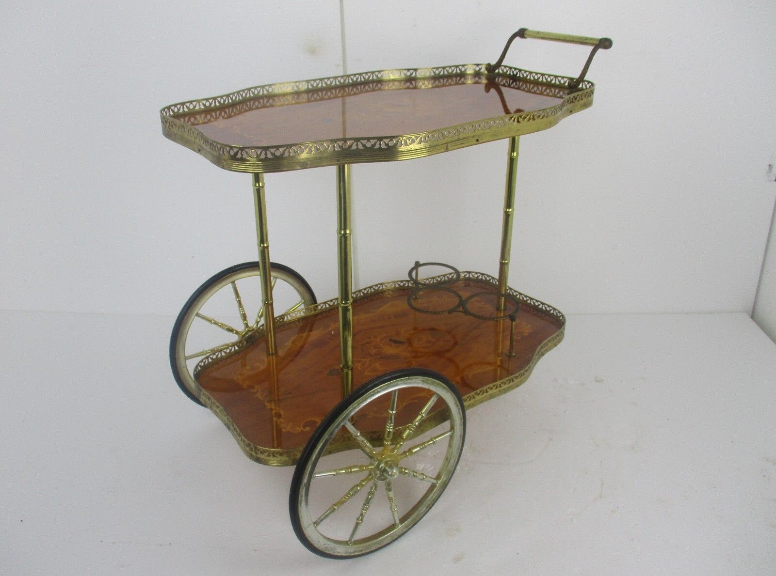 Italian Bar Cocktail Tea Cart Trolley Italian Hollywood Regency Marquetry Inlay photo for sale