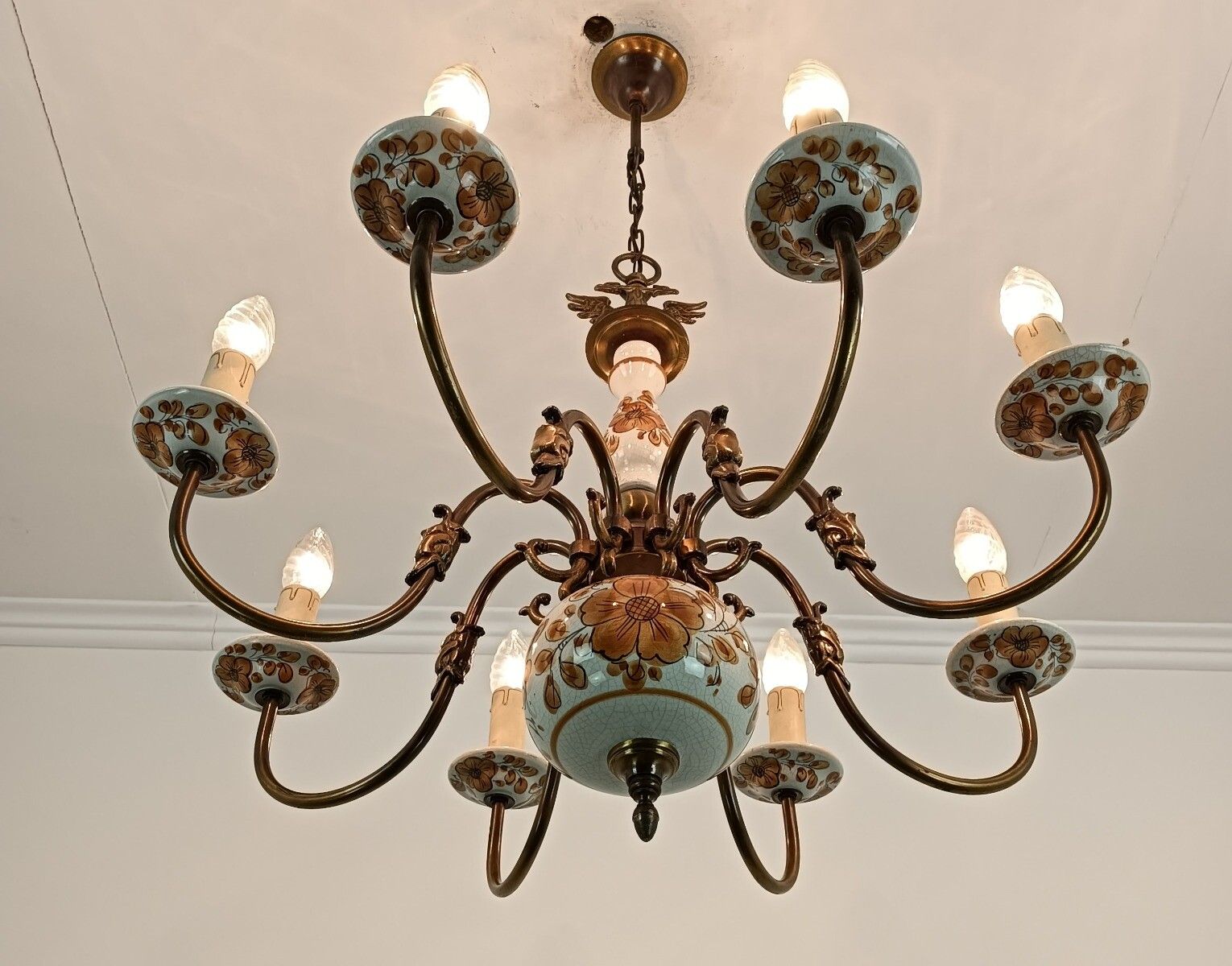 photo for sale Chandelier Pottery Faience Porcelain Brass Flemish Dutch Style Eagles Polychrome