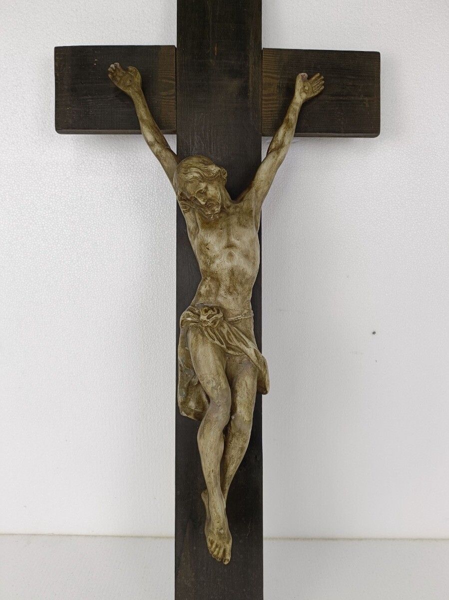 Xl Wood Hanging Church Crucifix Plaster Dramatic Corpus Piece Of Art Chapel Vint photo furniture