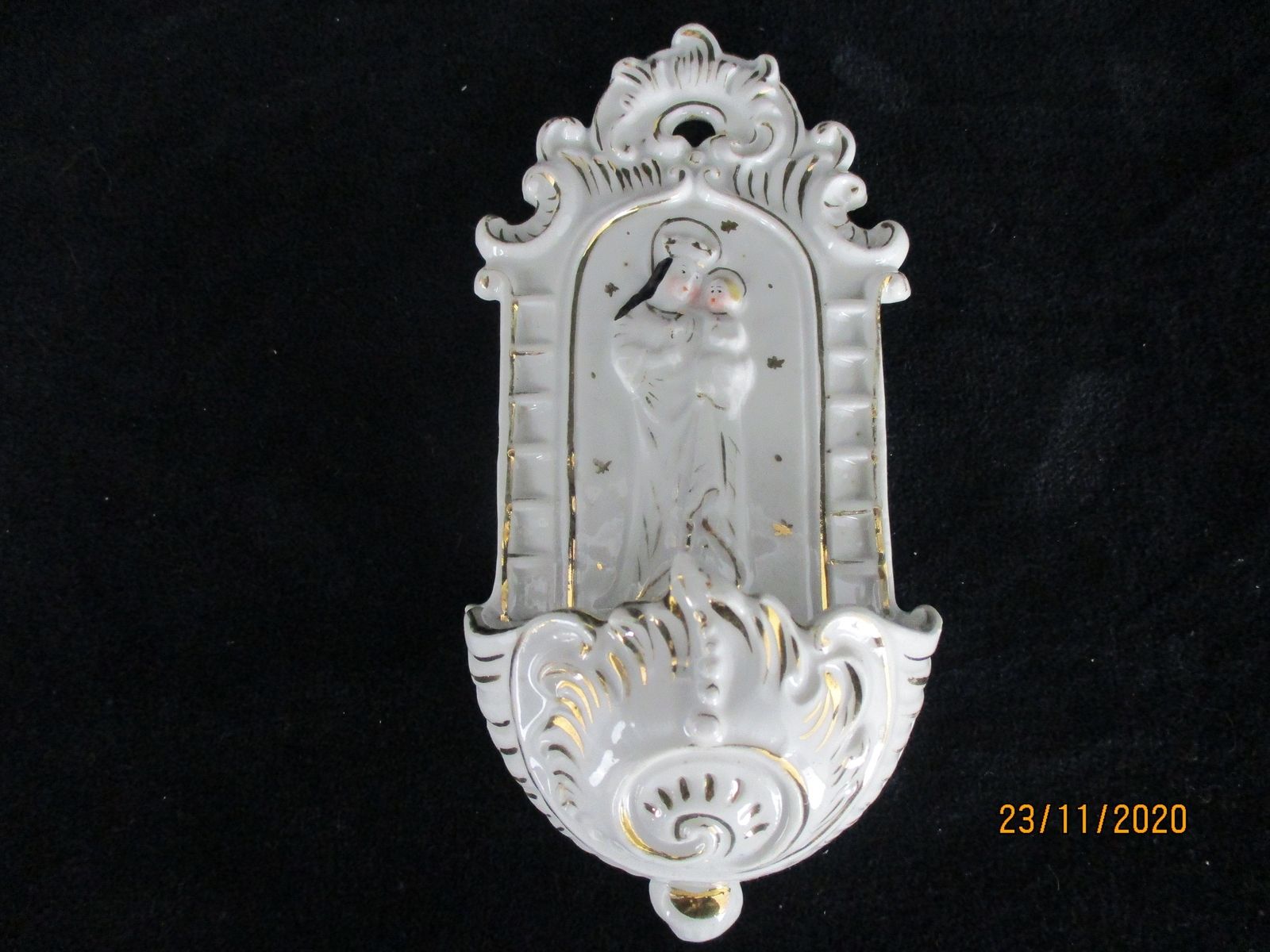 Antique French Holy Water Font Vessel Bisque Porcelain Virgin Mary Madonna With photo furniture
