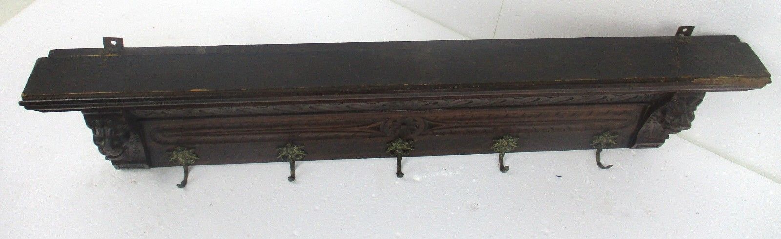 Hand Carved Wood Oak Coat Hat Kitchen Hallway Rack Ornate Lion Heads Wow Xl photo vintage