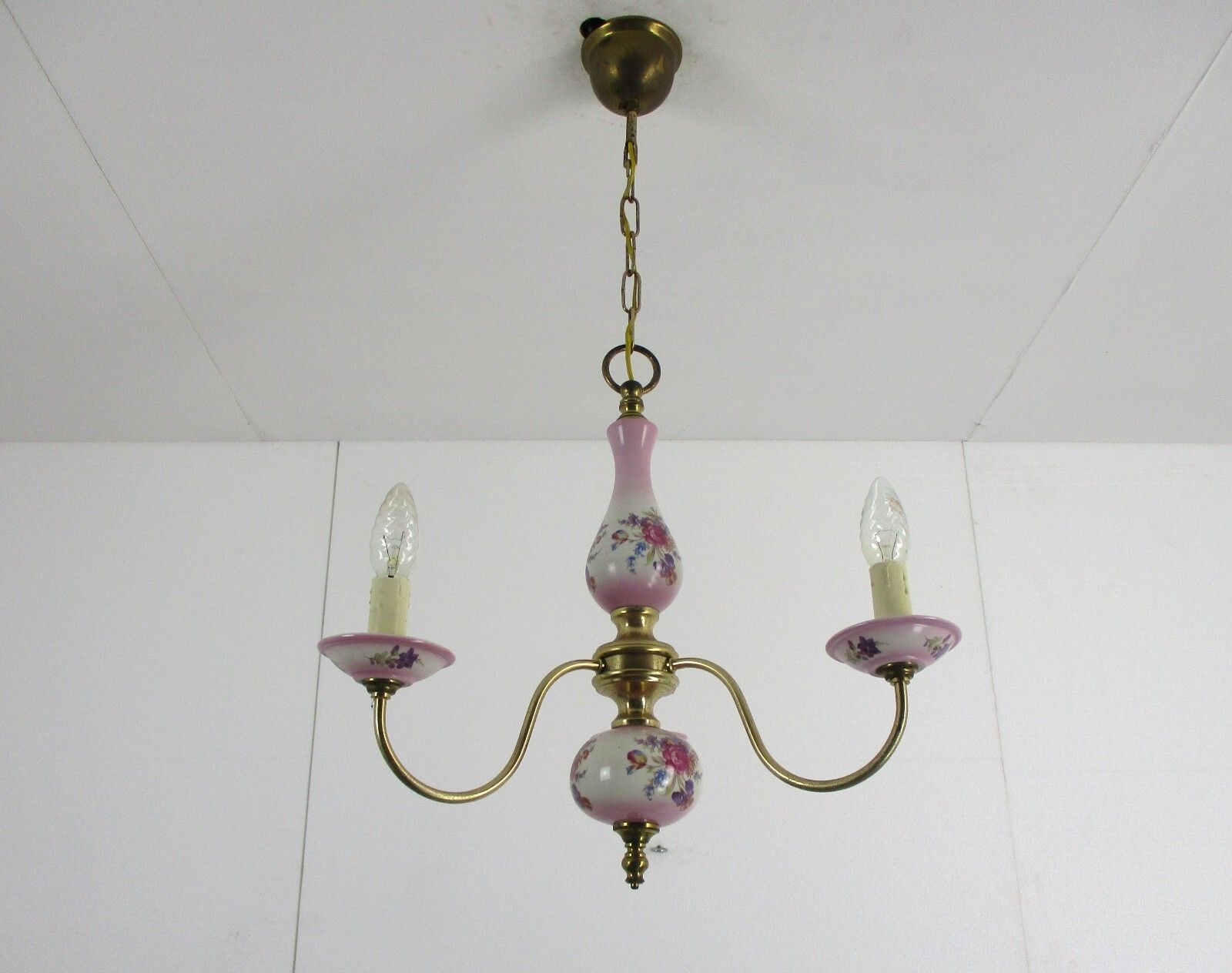 Romantic Chandelier 3 Arm Brass Pink Porcelain Flowers Mid Century Modern Italy photo Lighting