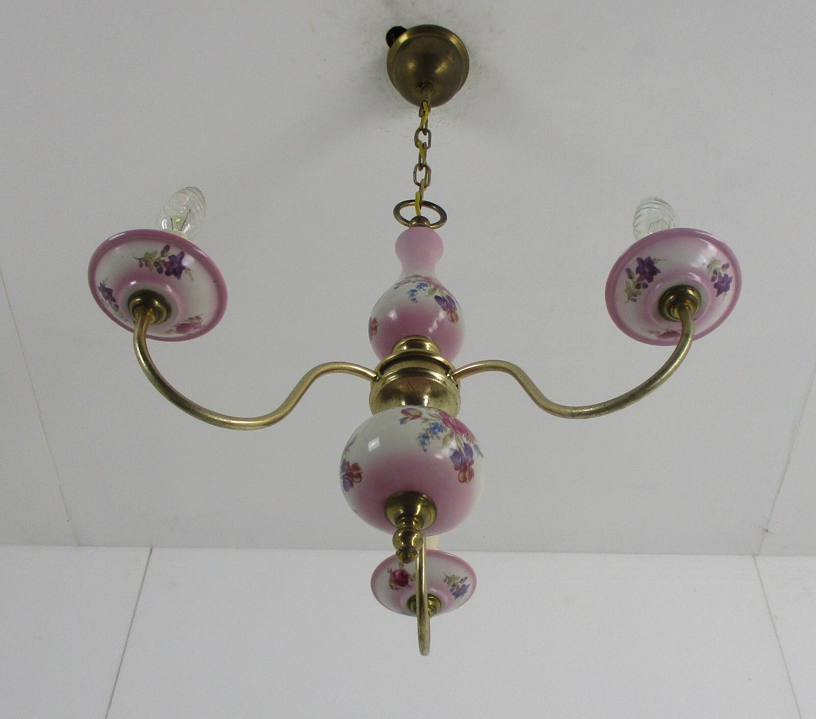 Romantic Chandelier 3 Arm Brass Pink Porcelain Flowers Mid Century Modern Italy photo buy