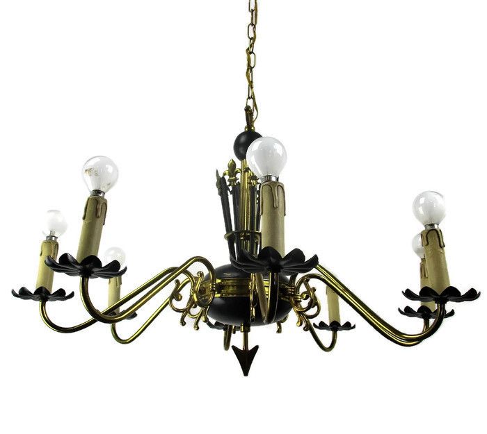 French Wooden Brass 8 Arms Lights Chandelier French Empire Fleur De Lis Rare Htf