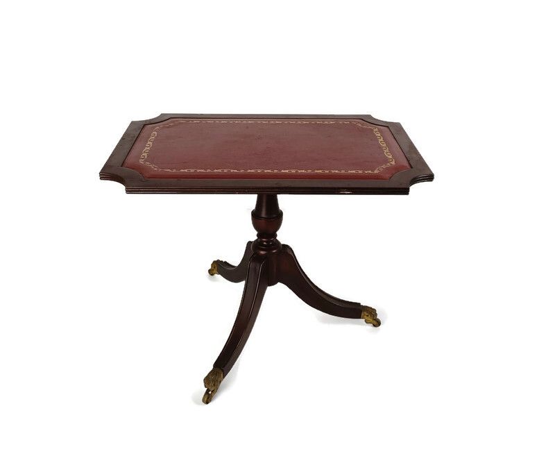 Edwardian Style Vintage Table Carved Wood On Wheels Red Bordeaux Top Side Coffee