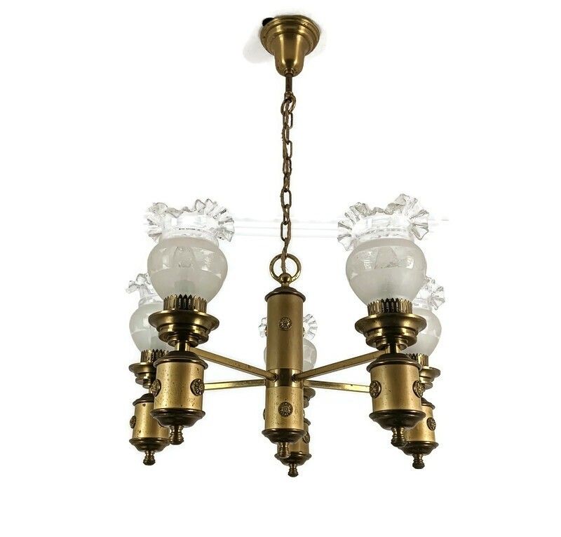 Italian Chandelier Vintage Brass Frosted Glass 5 Lights Very Special Fixture