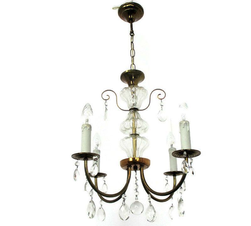 French Chandelier 4 Arms Lights Brass Prisms Hollywood Regency Marie Therese