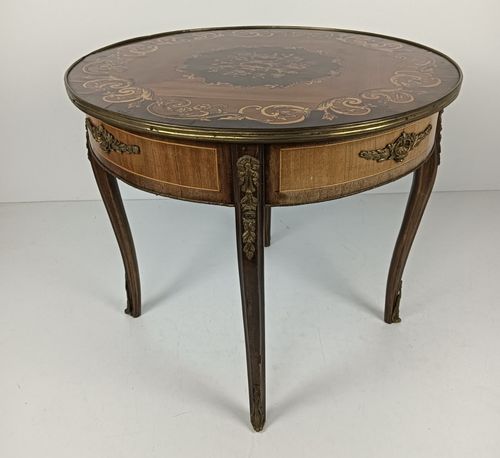 Round Italian Marquetry Wood Inlay Brass Trims Side Coffee Table Baroque Style V photo for sale