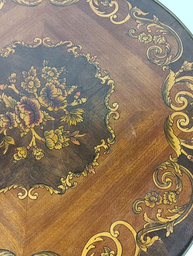 Round Italian Marquetry Wood Inlay Brass Trims Side Coffee Table Baroque Style V photo buy