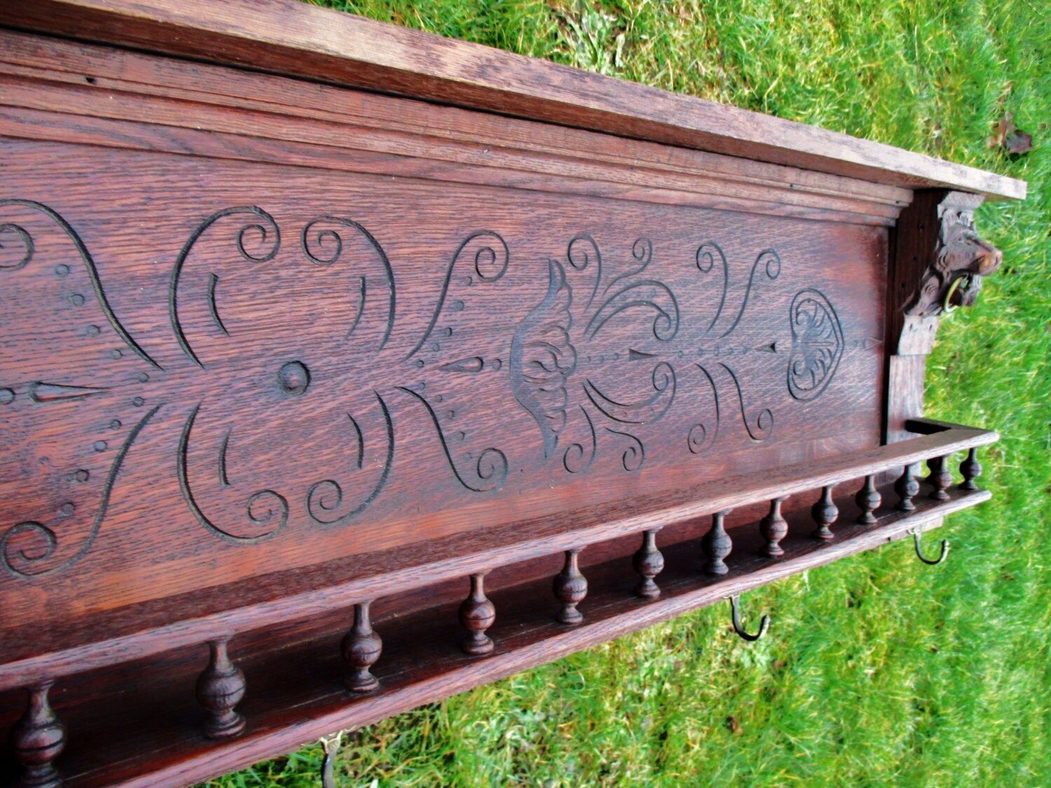 Antique 20th Century Flemish Carved Oak Coat Hat Rack Lion Heads Amazing photo for sale