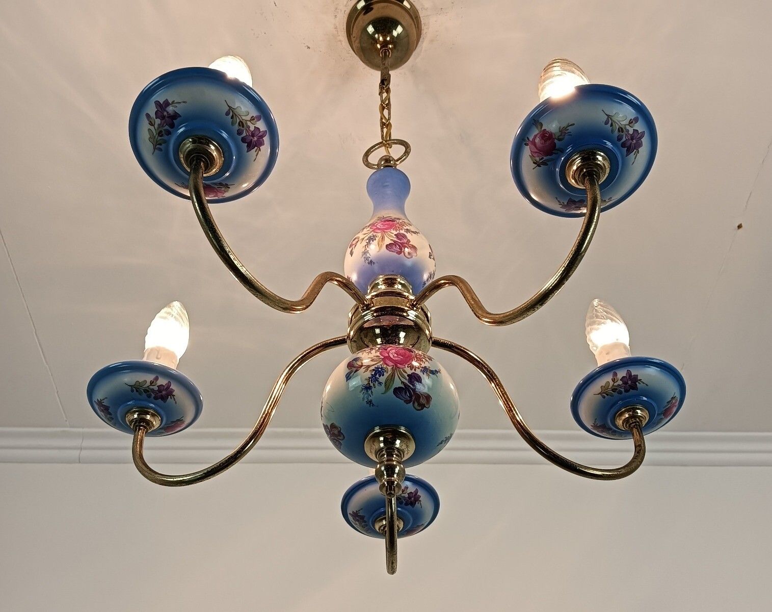 Italian Small Chandelier Porcelain Polychrome 5 Lights Arms Lovely Romantic Vint photo furniture