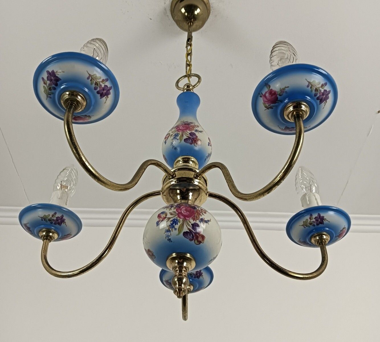 Italian Small Chandelier Porcelain Polychrome 5 Lights Arms Lovely Romantic Vint photo for sale