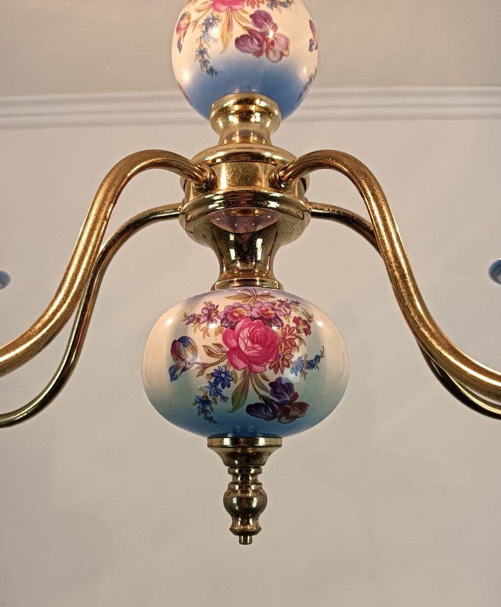 Italian Small Chandelier Porcelain Polychrome 5 Lights Arms Lovely Romantic Vint photo Lighting