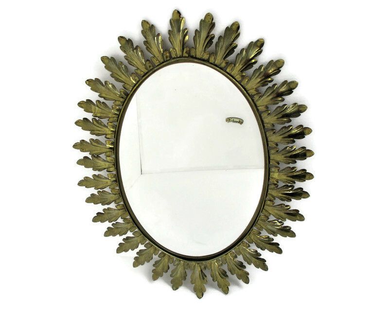 Mid Century Modern Large  Ornate Oval  Wall Hanging Mirror De Knudt Brass Leafs