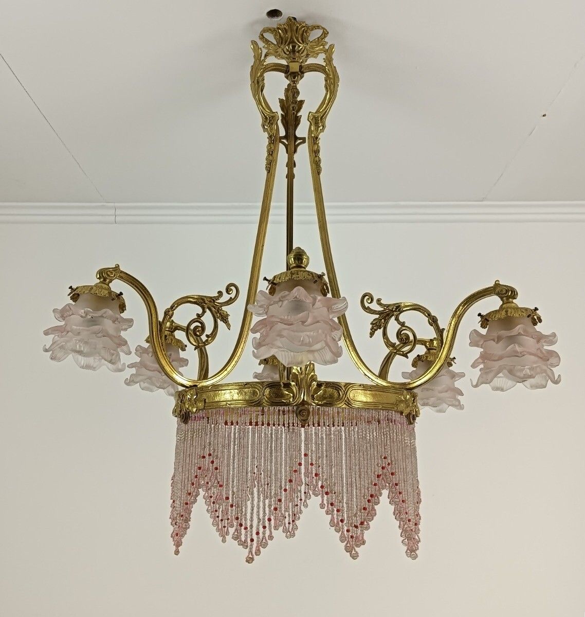 Bohemian Chic Bronze Dore Brass Chandelier Spaghetti Prisms Flower Shades 6 Ligh photo for sale