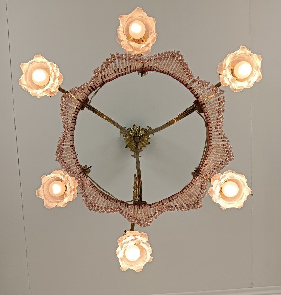 photo for sale Bohemian Chic Bronze Dore Brass Chandelier Spaghetti Prisms Flower Shades 6 Ligh