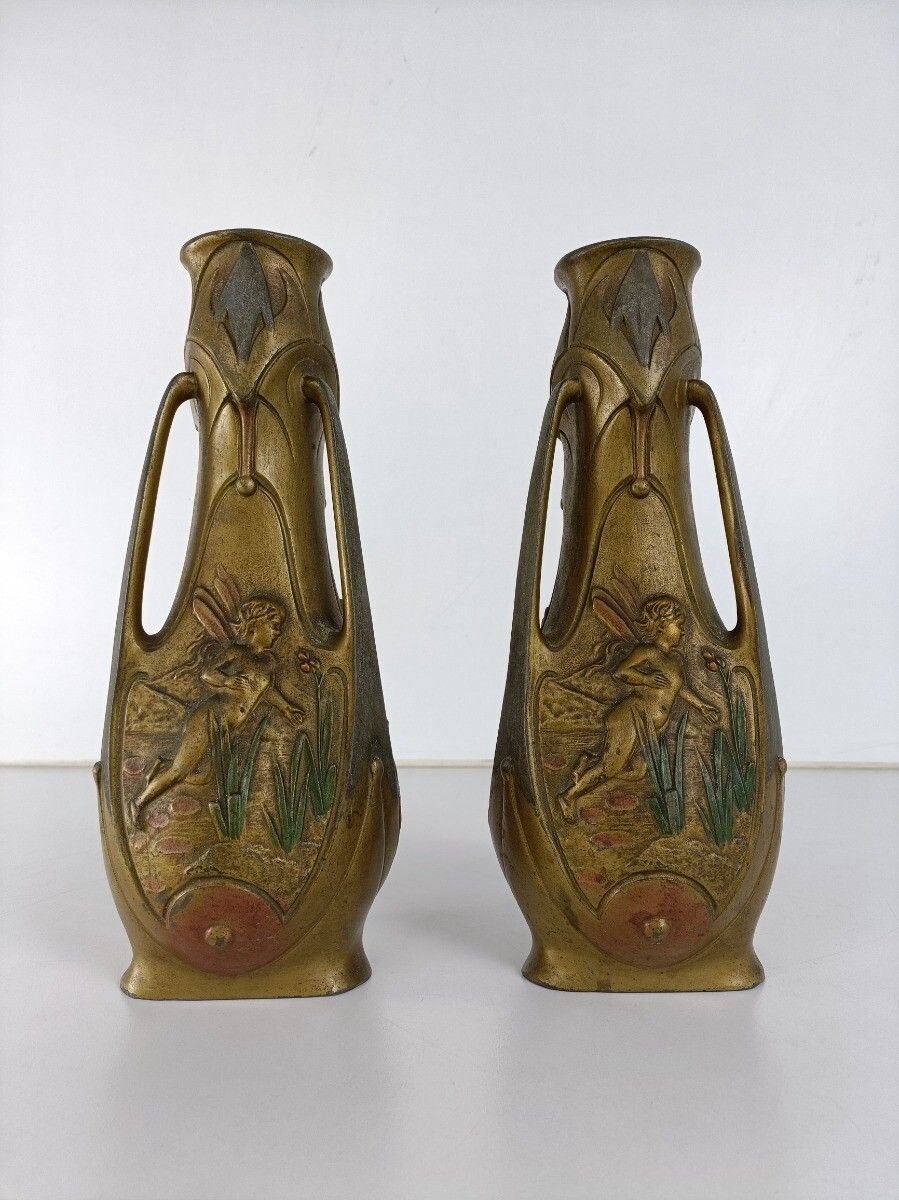 Art Nouveau Fairy Vase Pair By Jean Garnier, French Antique Jugendstil Signed photo for sale