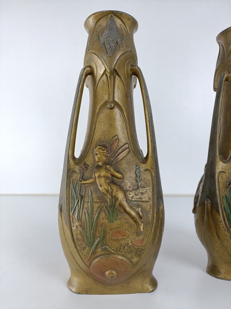 Art Nouveau Fairy Vase Pair By Jean Garnier, French Antique Jugendstil Signed photo vinterior