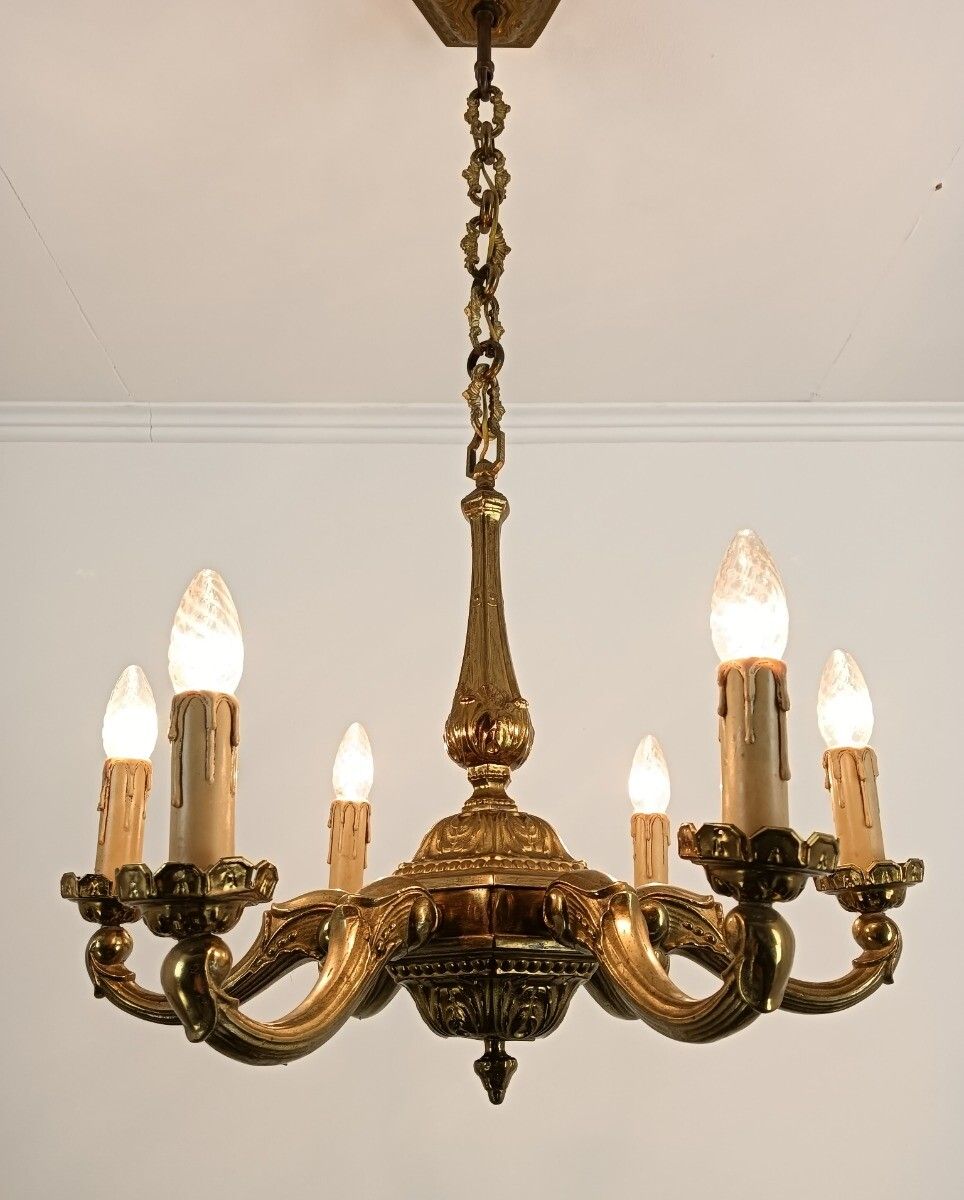 Art Nouveau Antique Chandelier Hammer Copper 6 Lights Beautiful Fixture photo buy
