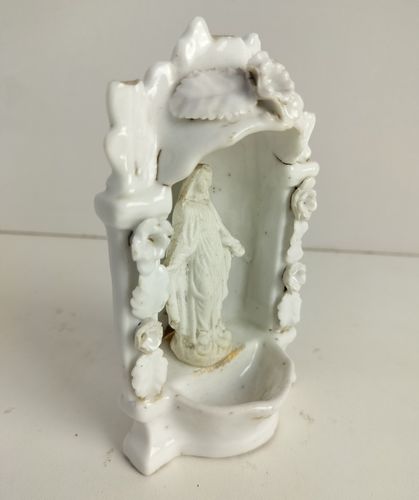Antique Rare Standing Holy Water Font Vessel Our Lady Madonna Virgin Mary Bisque photo for sale