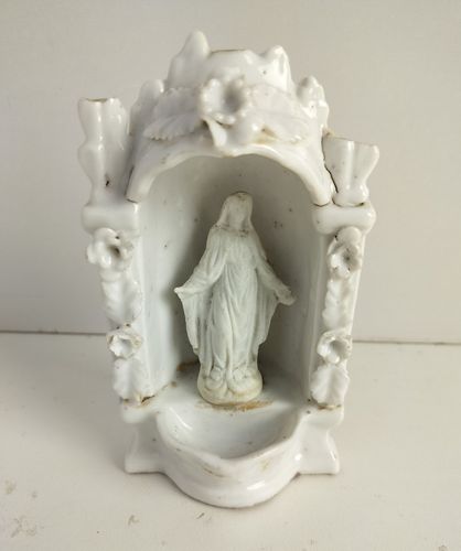 Antique Rare Standing Holy Water Font Vessel Our Lady Madonna Virgin Mary Bisque photo Art