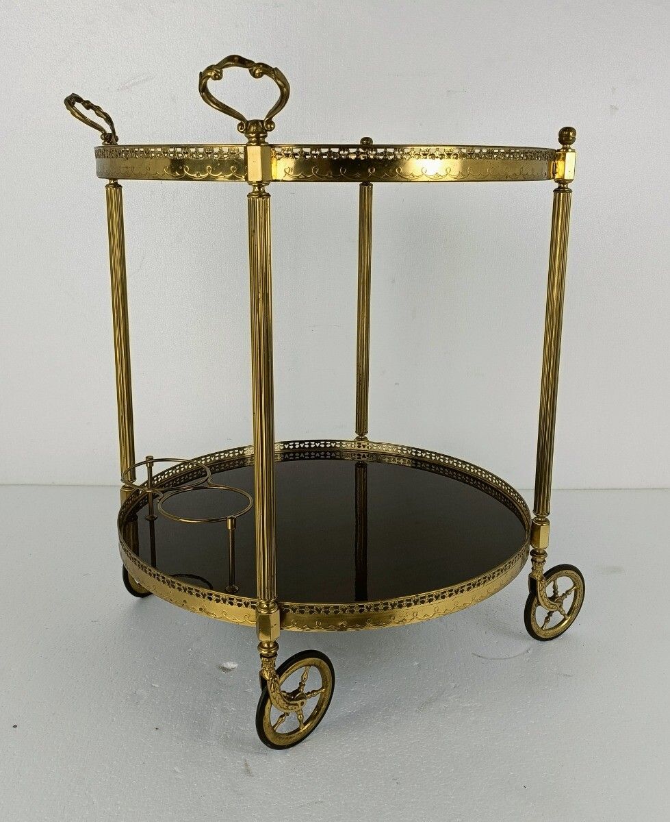 Round Italian Bar Cocktail Tea Cart Trolley Italian Hollywood Regency Marquetry photo for sale