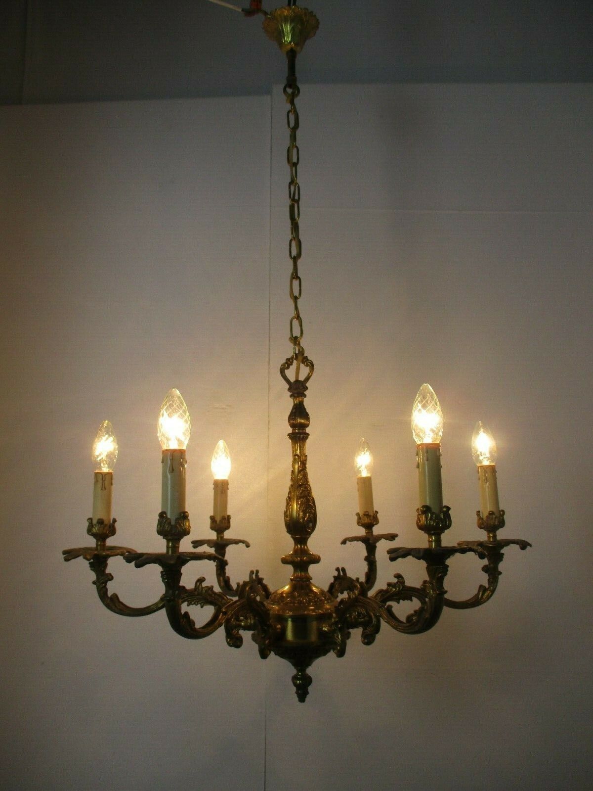 Impressive Chandelier 6 Arm Lights Brass Ornate Mid Century 50s Beatiful Working photo buy