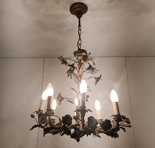 Antique Chandelier Pendant Ornate Brass Leafs Fixture Hollywood Regency Style photo Lighting