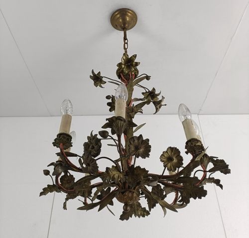 Antique Chandelier Pendant Ornate Brass Leafs Fixture Hollywood Regency Style photo vinterior