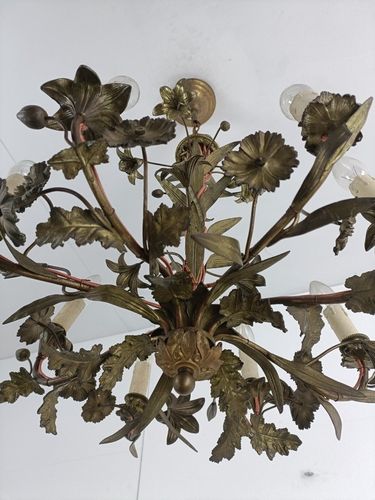Antique Chandelier Pendant Ornate Brass Leafs Fixture Hollywood Regency Style photo vintage
