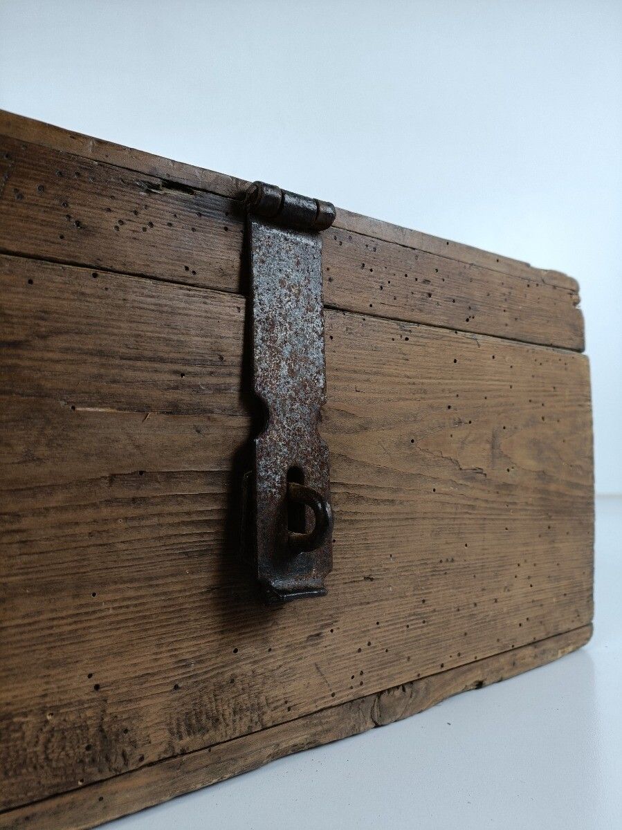 photo for sale 19th Century Wooden French Small Hope Chest Trunk Trinket Jewelry Box Metal Trim