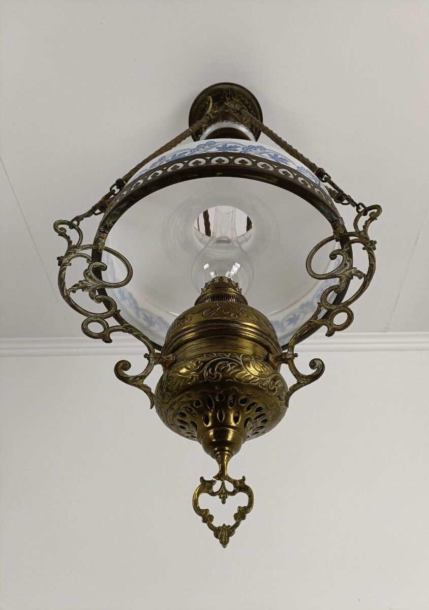 Lampe Belge Antique Chandelier Opaline Glass Shade Ornate Brass  1 Light Art Dec photo vinterior