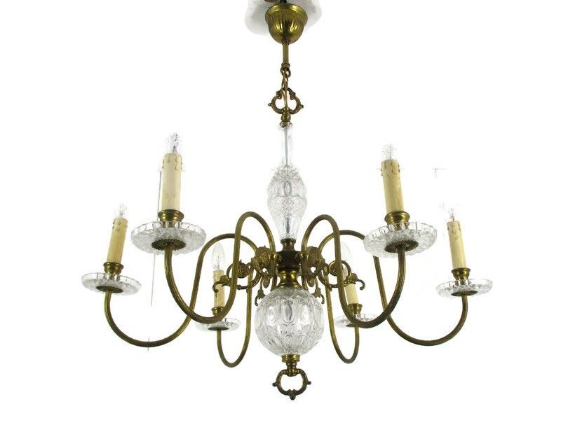 Flemish Dutch Chandelier 6 Arm Lights Brass Glass Ball Bobeches Country Style
