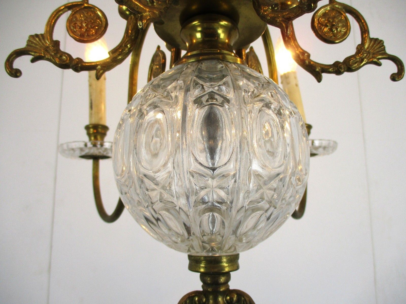 Flemish Dutch Chandelier 6 Arm Lights Brass Glass Ball Bobeches Country Style photo vintage