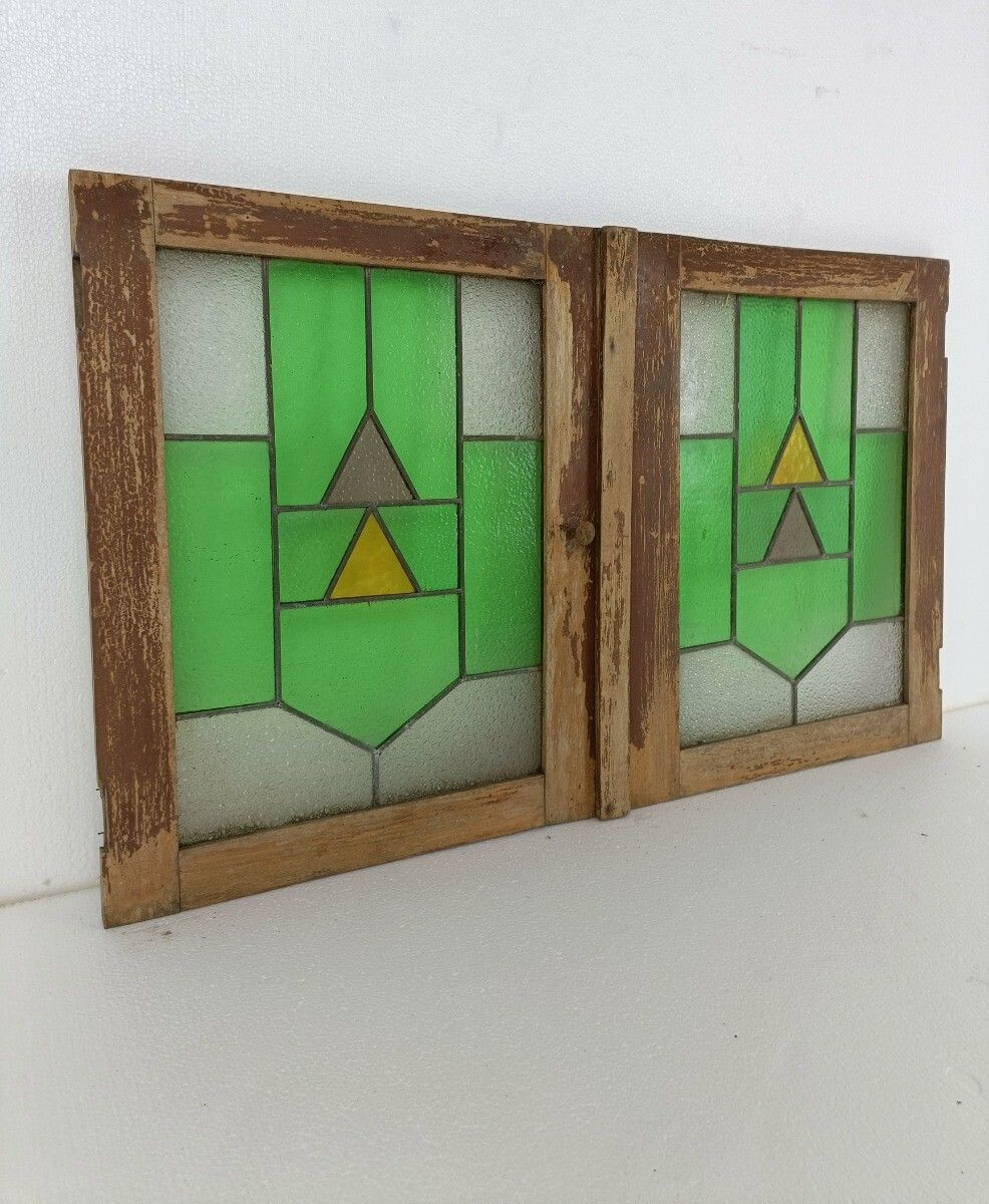 Pair Antique Leaded Glass Hand Carved Wooden Door Panels Reclaimed Architectural photo Home Fixtures