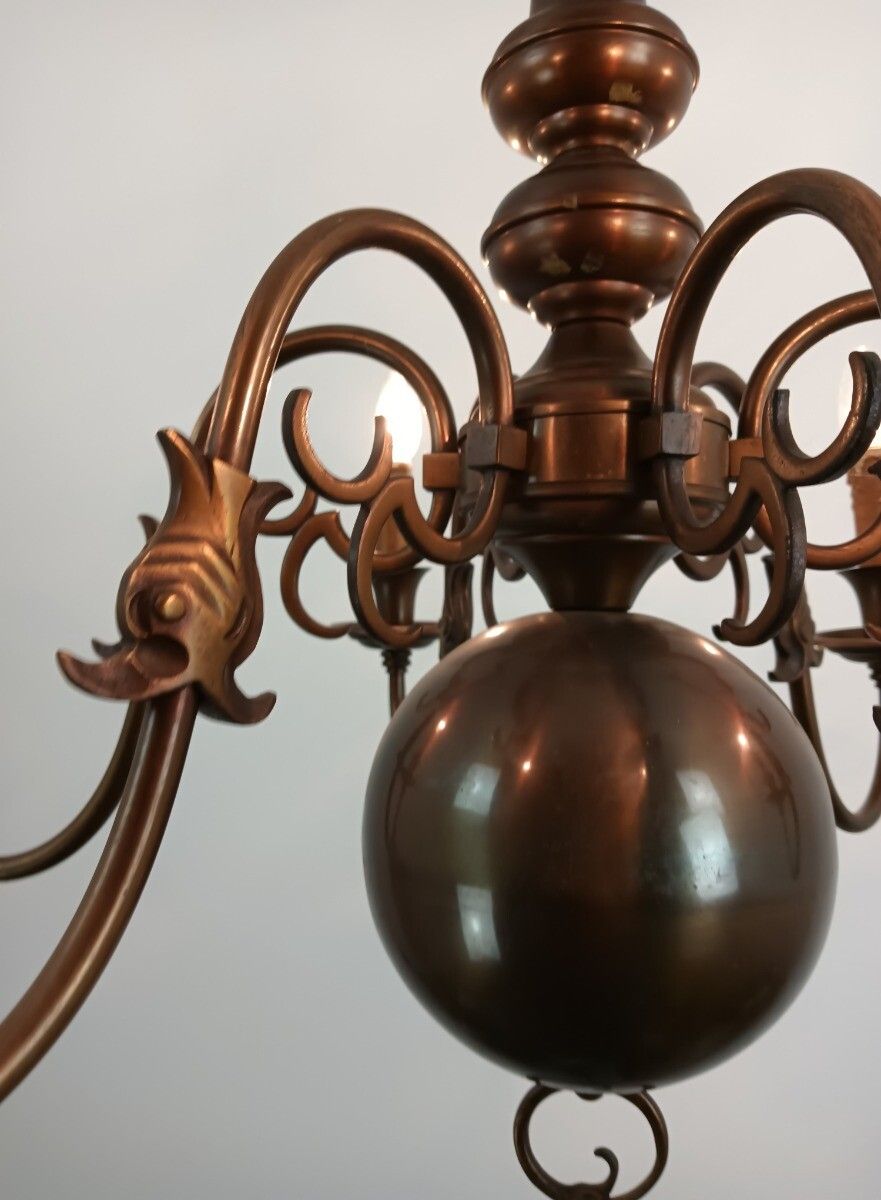 Vintage Dutch Flemish Chandelier Brass Eagles Fish 6 Lights  Farmhouse Style photo for sale