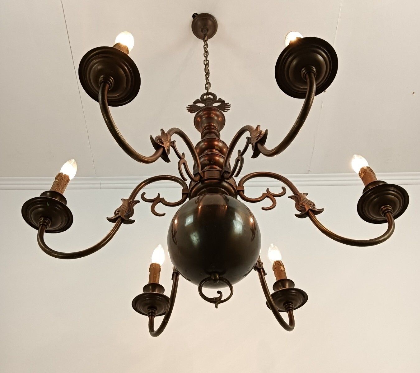 Vintage Dutch Flemish Chandelier Brass Eagles Fish 6 Lights  Farmhouse Style photo buy