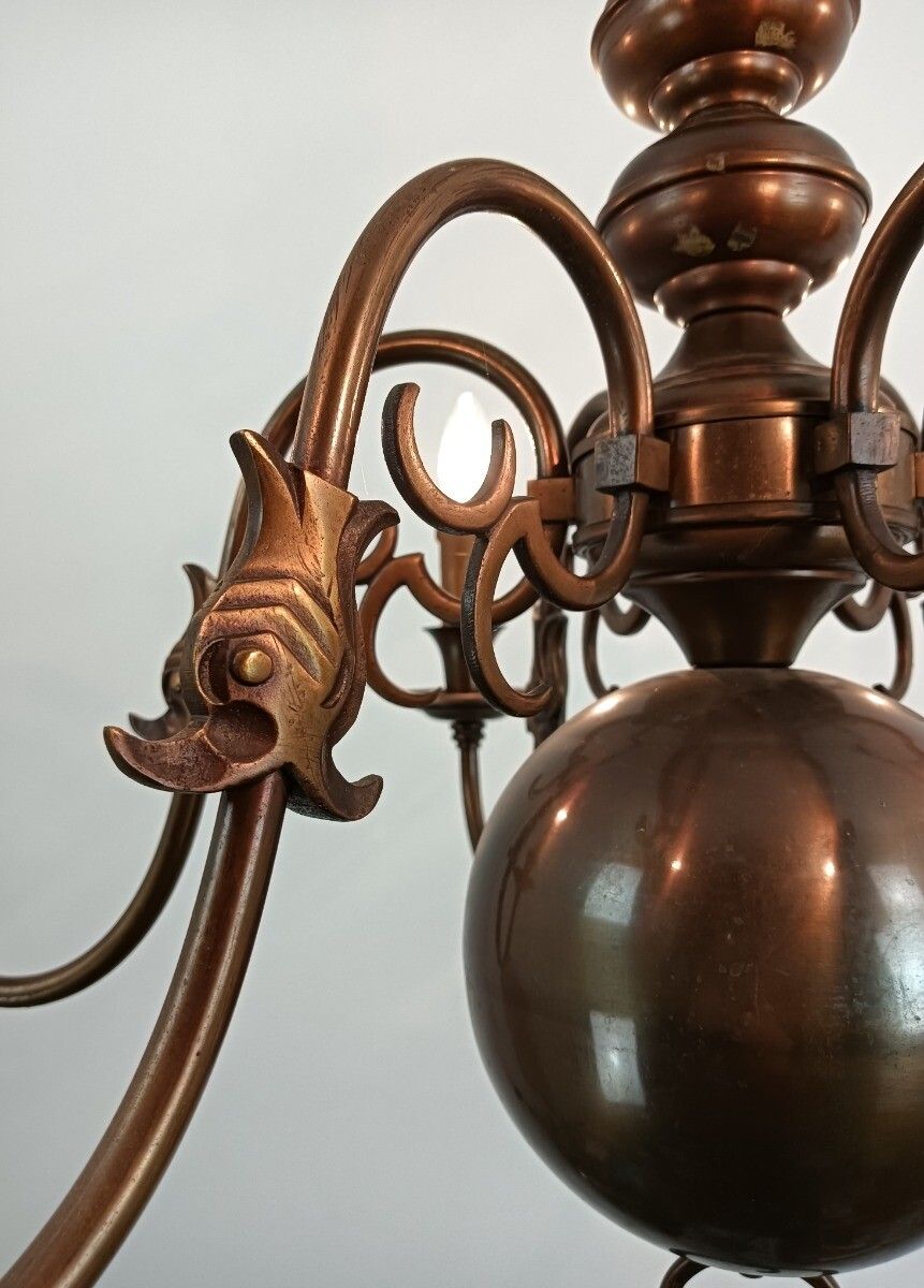 Vintage Dutch Flemish Chandelier Brass Eagles Fish 6 Lights  Farmhouse Style photo vintage
