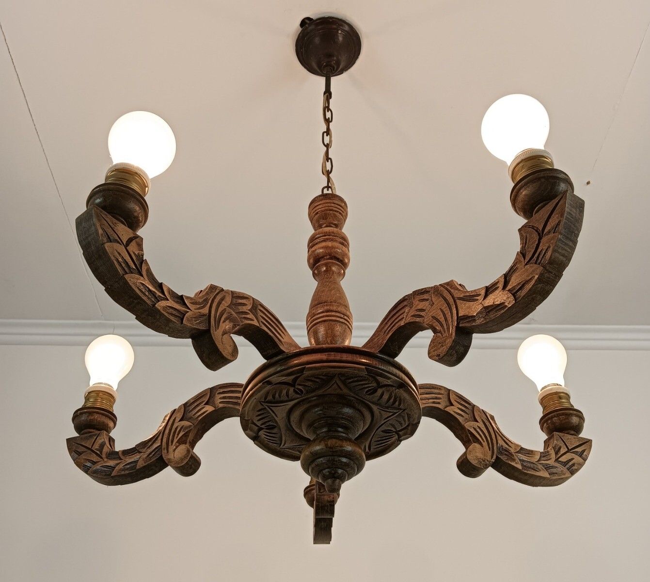 photo for sale Farmhouse Style Chandelier Carved Wood Wooden Ornate Vintage 5 Lights Barn Style