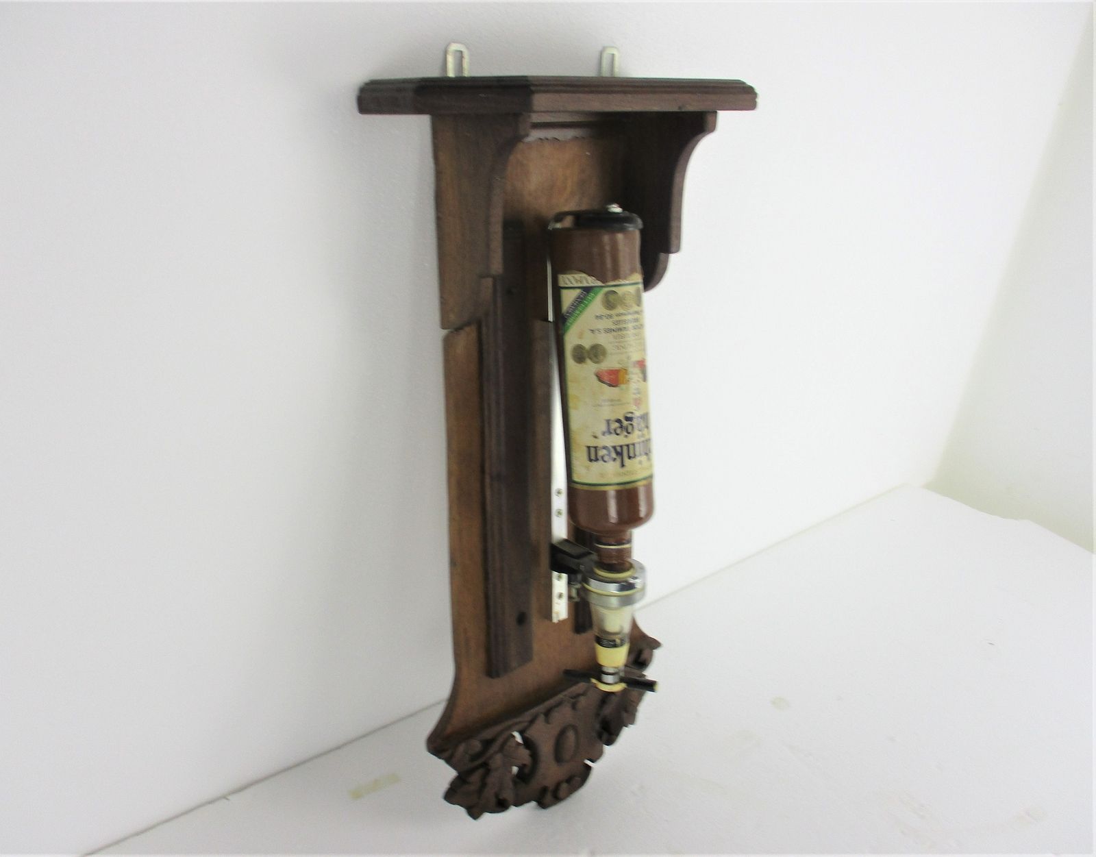 Wall Hanging Hand Carved Ornate  Wood Bottle Holder Tap Antique  Country Barn St photo furniture