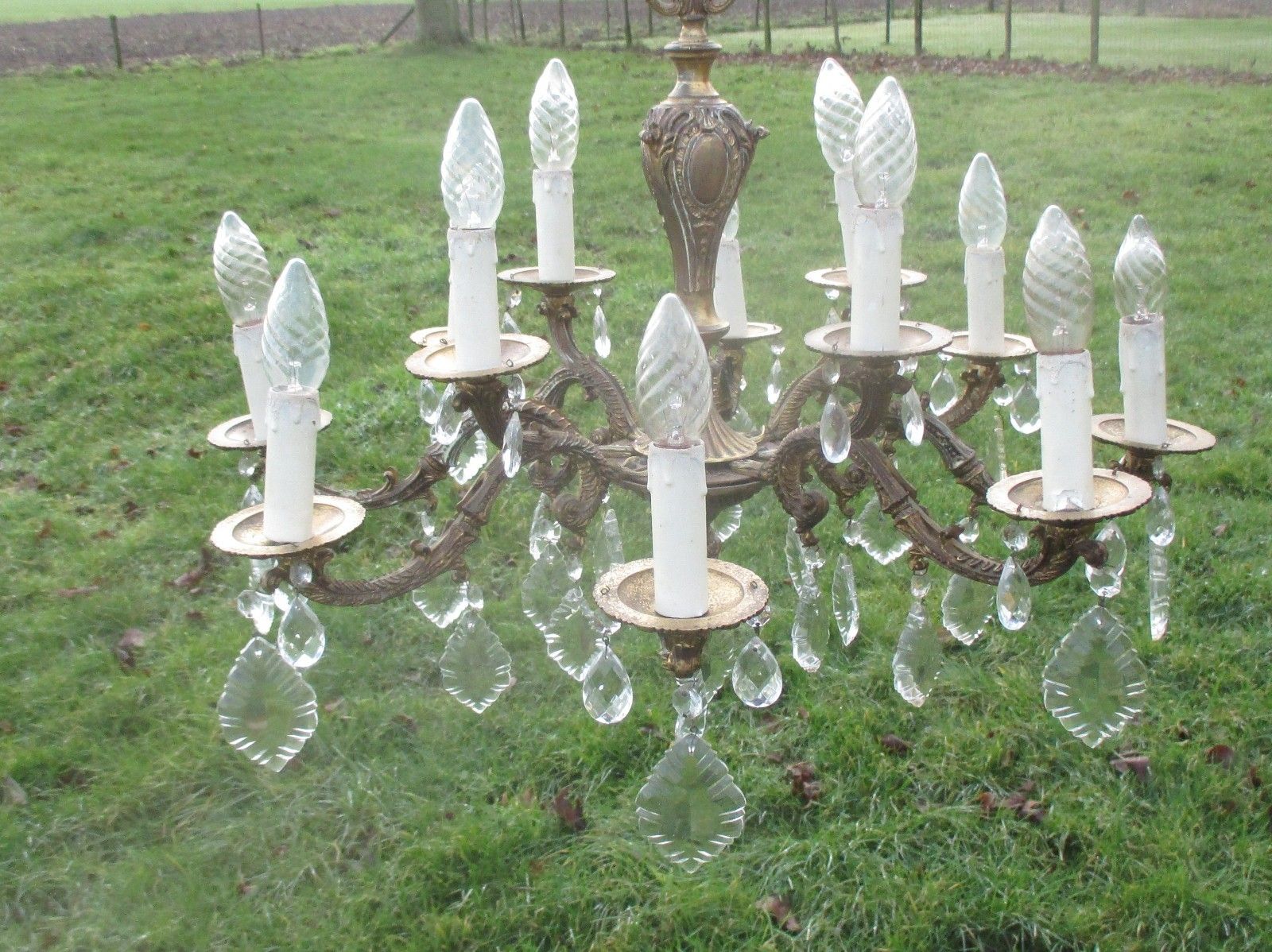 Vintage French Empire Style Chandelier Lamp  Prisms Brass 8 Arm 12 Lights