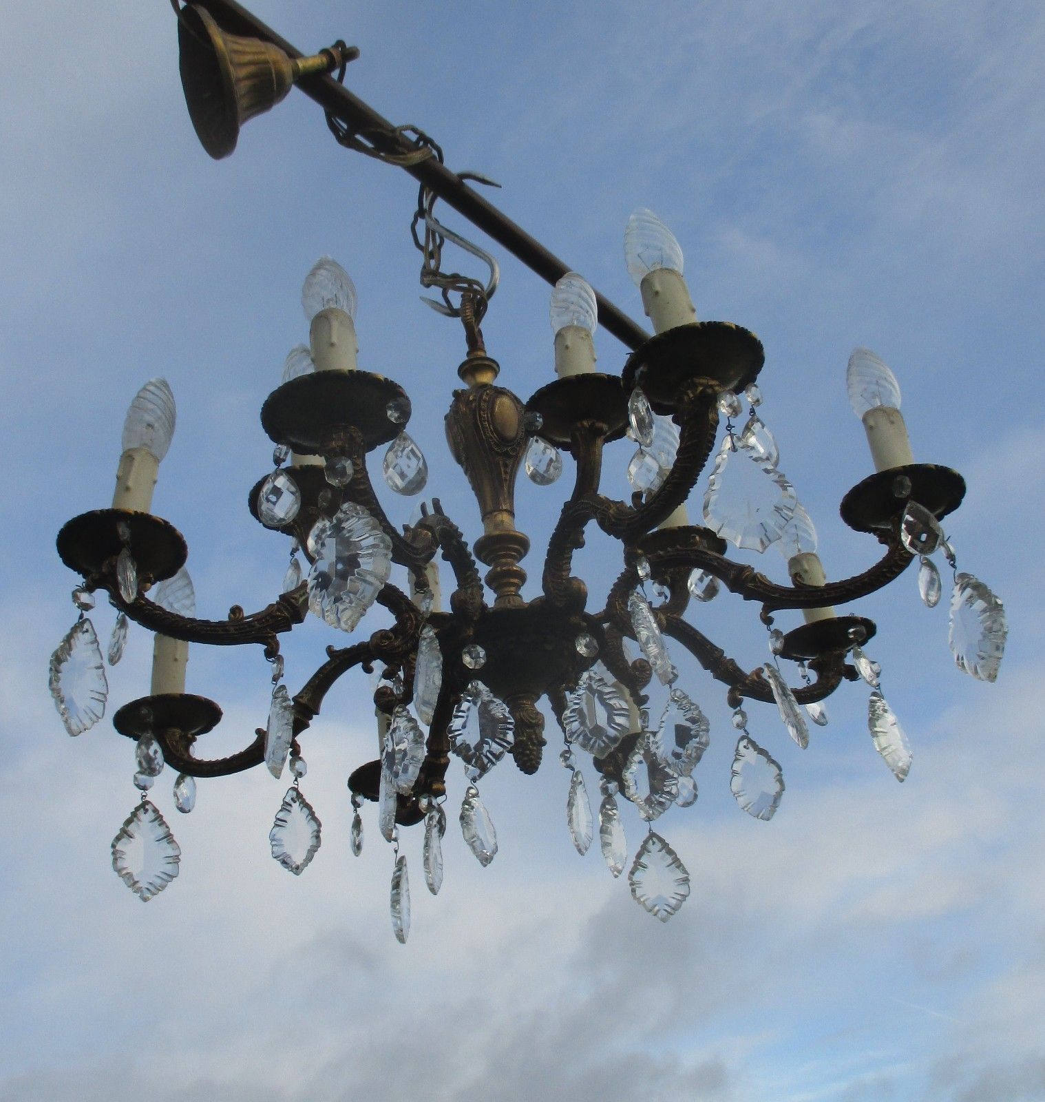 Vintage French Empire Style Chandelier Lamp  Prisms Brass 8 Arm 12 Lights photo for sale