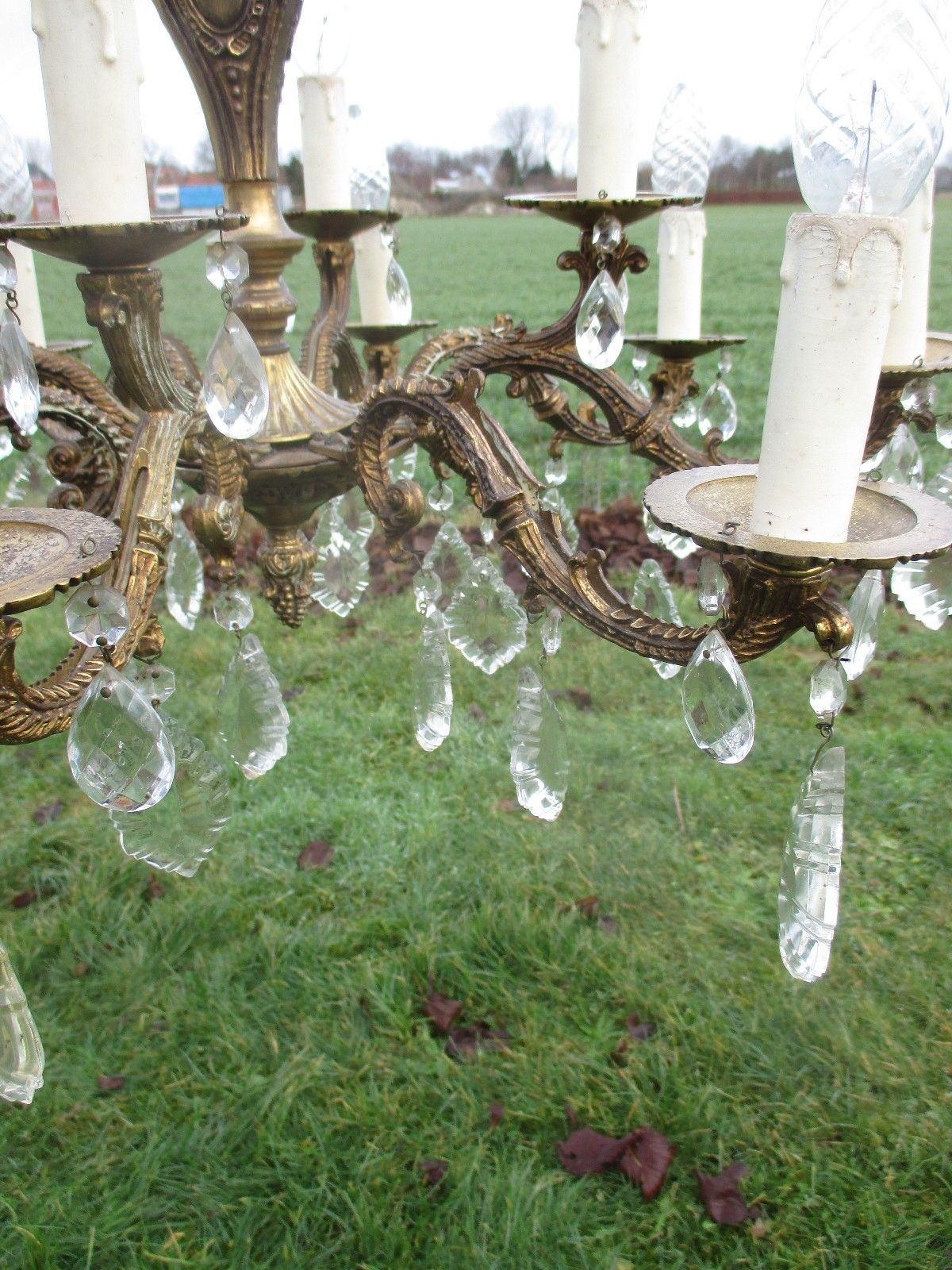 Vintage French Empire Style Chandelier Lamp  Prisms Brass 8 Arm 12 Lights photo vintage