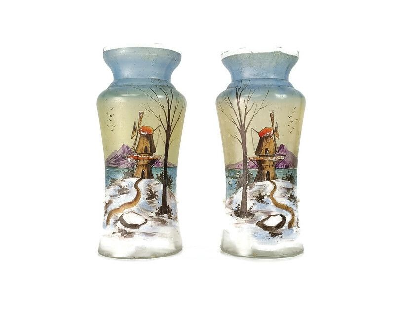 Art Deco Antique Hand Painted French Couple Of Vases Glass