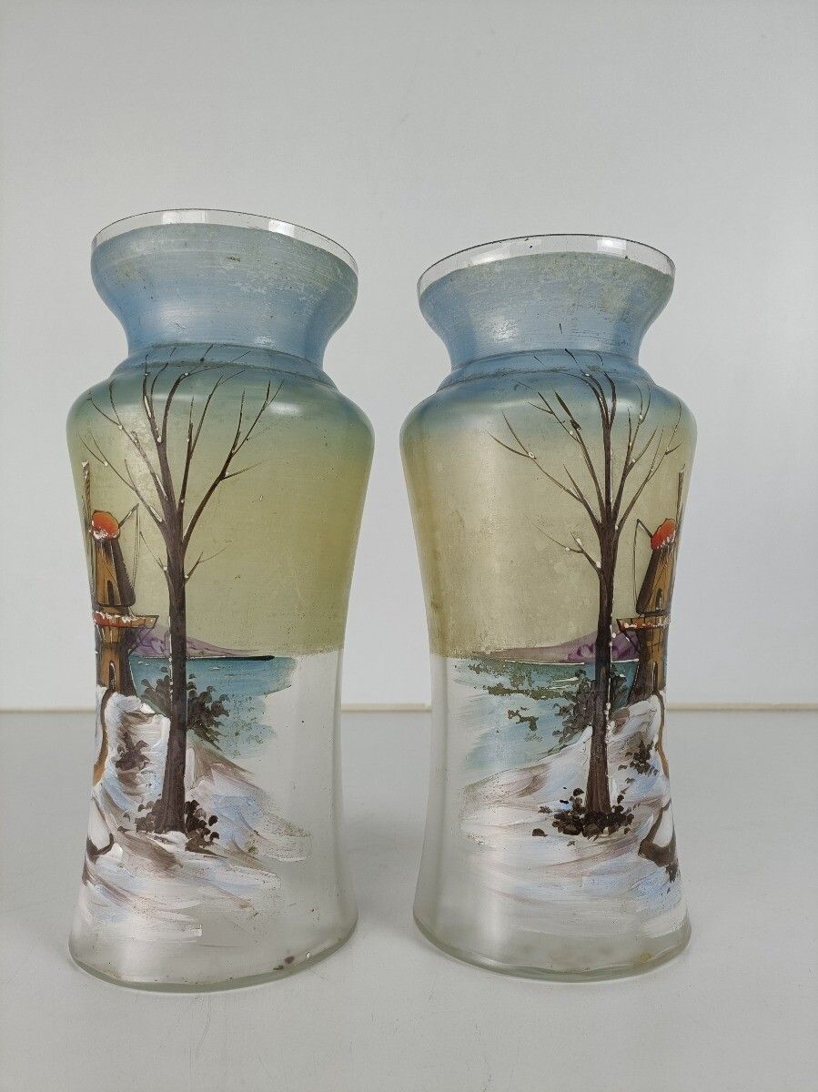 Art Deco Antique Hand Painted French Couple Of Vases Glass photo for sale